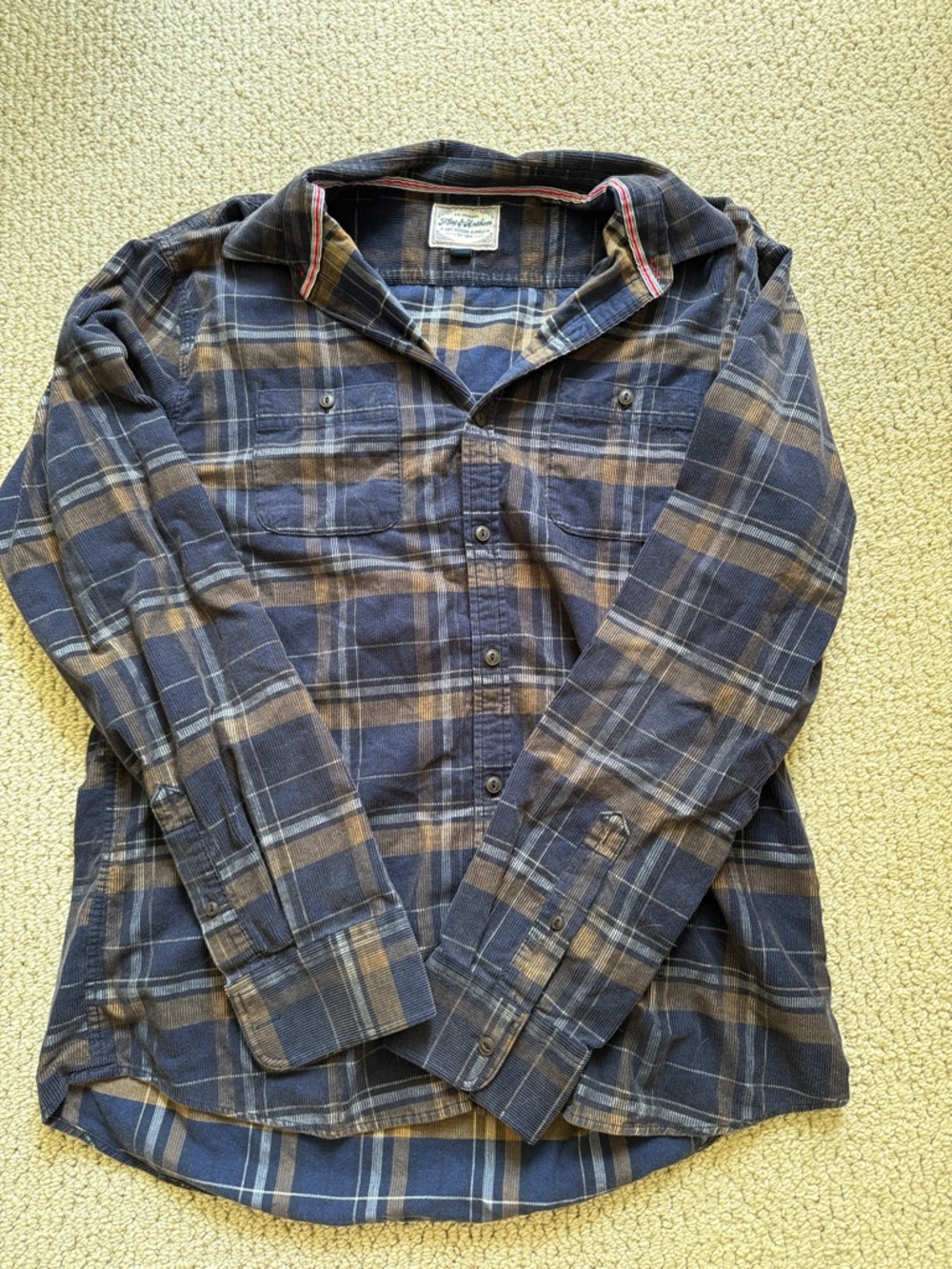 Men's Plaid Long-Sleeve Button-Down Shirt in Navy and Brown